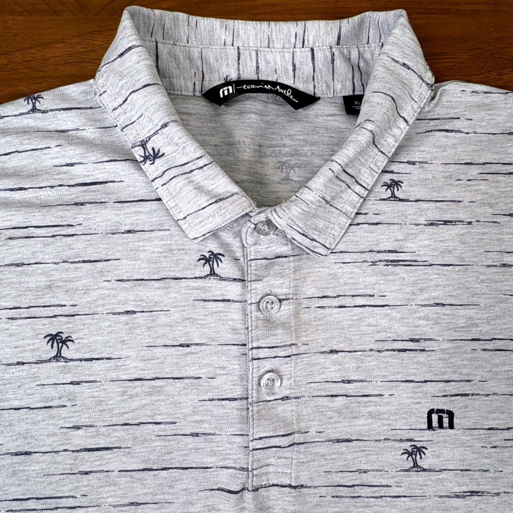 Travis Mathew Polo Shirt Mens XL Gray Palm Tree Striped Short Sleeve Golf Top